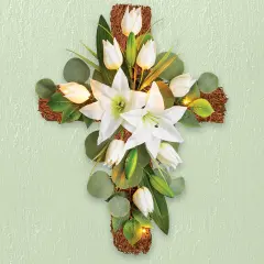 Collections Etc LED Lighted White Lily Wall Cross Decoration