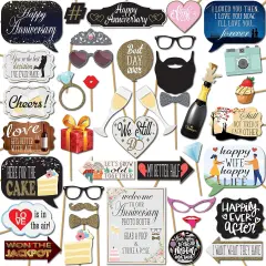 Anniversary Photo Booth Props - 41-Piece Kit with 8x10 Sign, Sticks & Adhesive Pads