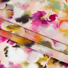 1 Yard Silk Charmeuse Watercolor Floral Italian Made Peach, Olive & Fuchsia 53 Inches Width
