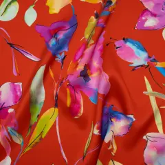 1 Yard Red Rainbow Silk Charmeuse Print Illustrated Watercolor Flowers Made in Italy Width 53"