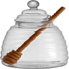 16.9 Oz Honey Pot with Dipper, Glass Honey Jar and Dipper Set, Honey Dispenser, Beehive Honey Pot for Store Honey and Syrup(wooden stick)