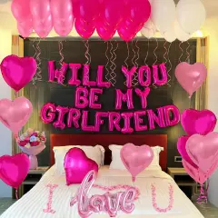 Will You Be My Girlfriend Balloons 60pcs pink hot pink and white balloon kit Include 18 Inch Heart Shaped Balloons and 1000 Pink Artificial Rose Petals Romantic Decoration Kit for Valentines Party