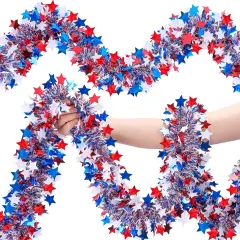 Patriotic Glitter Tinsel Garland Decoration, Red White Blue Star Metallic Tinsel Twist Garland, 4th of July Decor Parade Golf Cart Shiny Tinsel for Car Bike Independence Day Memorial Day Decor