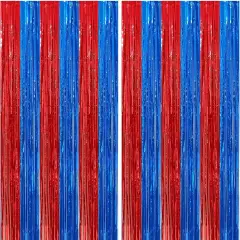 2 Pack Red and Blue Foil Fringe Curtains Photo Booth Prop Tinsel Streamer Backdrops Birthday Party Supplies Bachelorette Bridal Wedding Baby Shower Graduation Party Decorations, 3.3 x 6.6 ft