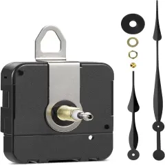 High Torque Long Shaft Clock Movement Mechanism with 28mm (1-1/8 Inch) Shaft Length and 12 Inch Long Spade Hands (Black Hands)