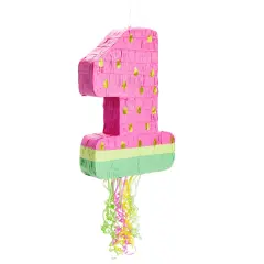 Pull String Number 1 Watermelon Pinata for 1st Birthday Party Supplies, One In A Melon Party Decorations, Baby Shower (Small, 16.5x11x3 In) Pink