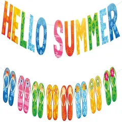 Hello Summer Banner and Colorful Flip Flop Banner Summer Hawaiian Tropical Beach Pool Slippers Garland Banner Summer Holiday