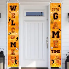 Basketball Party Banner Welcome It's Game Time Porch Sign Sport Basketball Hanging Door Banner for Basketball Birthday Baby Shower Party Decorations, Orange