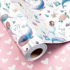Reversible Mermaid Wrapping Paper Roll - Cute Metallic Foil Shine Mermaid & Pink Heart for Girl Birthday, Baby Shower - Mini Roll - 17 Inch x 33 Feet