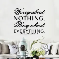 Inspirational Wall Decals, Prayer Wall Decor, Quotes Bible Verse Christian Religious Faith Bedroom Living Room Vinyl Art Decor Home Stickers Worry About Nothing Pray About Everything 18"X15"