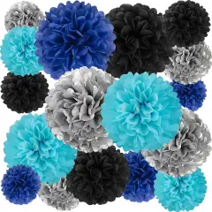 20 PCS Tissue Paper Pom Poms, Tissue Pom Poms Flowers, Sizes of 6", 10", 12", 14" Hanging Paper Flower Ball for Wedding, Birthday, Graduation, Baby Shower Party Decor (Black Silver Blue)