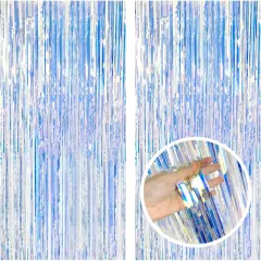 2 Pack Iridescent Party Backdrop Decorations Tinsel Curtain Birthday Decorations Foil Fringe Photo Booth Streamer Backdrop Iridescent Theme