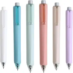 Retractable Gel Pens, 6 Pastel Exterior Colors, 0.5mm Fine Point, Quick Drying, Writing Drawing, Black ink gel pens, Box of 6 Pens (6)