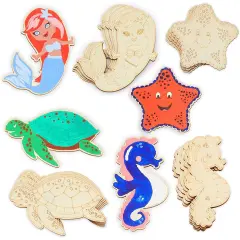 24 Pieces Unfinished Sea Creatures Wood Cutouts for Crafts, Wooden Ocean Animals (Turtle, Seahorse, Starfish, Mermaid) Brown