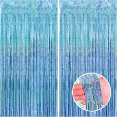 2 Pack 3.3x8.2 Feet Light Blue Foil Fringe Backdrop Curtains, Glitter Tinsel Streamers Birthday Party Decorations, Fringe Backdrop for Baby Shower Mermaid Under The Sea Ocean Frozen Party