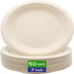 100% Compostable Disposable Paper Plates Heavy Duty Waterproof Plates-50 Pack 7 inch Eco-Friendly Plates, Natural Biodegradable Sugarca Bagasse Dinner Plates Unbleached Brown