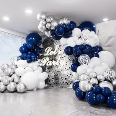 Navy Blue and Silver Balloons Garland Arch Kit,134 Pcs 18/12/10/5 Inch White Navy Blue and Silver Balloons with Confetti Latex Balloons, for Birthday Baby Shower Wedding Graduation Party Decorations