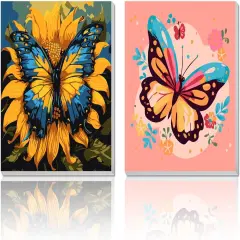 2 Pack Paint by Numbers Kit for Kids Ages 4-12, Butterfly Art Set with 8x8 Inch Framed Canvases, Complete Painting Kit Includes Brushes & Paints, Beginner-Friendly DIY Animal Canvas Art for Children