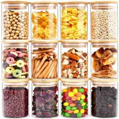 Glass Food Storage Jars, Glass Jars with Bamboo Lids, Kitchen Storage Jars, Set of 12, Canisters with Airtight Lids for Spice, Coffee, Cookie, Pantry Organizers