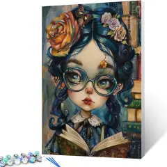Cute Girl Wearing Glasses DIY Paint by Numbers,Student Reading Book Oil Canvas Painting Kit for Kids & Adults,16X20 inches Graffitic Library Scene Paintwork Acrylic Pigment,Home Decor(Frameless)