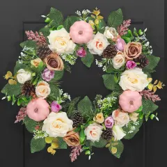 24 Inch Large Autumn Fall Wreath with Pink Pumpkins (Pink)
