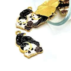 Black Enamel Raven and Skull Charms, 27x16mm