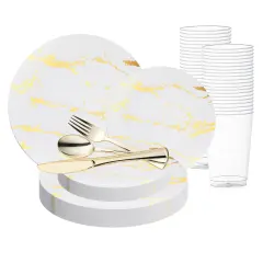 White with Gold Marble Stroke Round Disposable Plastic Wedding Value Set (120 Settings)