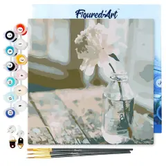 Figured'Art Mini Paint by Numbers Kit for Adults with Frame White Flower Small format 8"x8" - Craft Art Painting DIY Canvas Already Stretched on a Wooden Frame