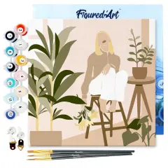 Figured'Art Mini Paint by Numbers Kit for Adults with Frame Woman in the room with plants Small format 8"x8" - Craft Art Painting DIY Canvas Already Stretched on a Wooden Frame