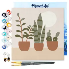 Figured'Art Mini Paint by Numbers Kit for Adults with Frame Three plant pots Small format 8"x8" - Craft Art Painting DIY Canvas Already Stretched on a Wooden Frame