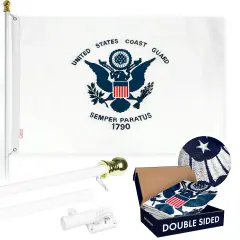 G128 - 6 Feet Tangle Free Spinning Flagpole (White) US Coast Guard Double Sided Brass Grommets Embroidered 3x5 ft (Flag Included) Aluminum Flag Pole