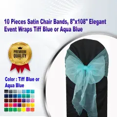 10 Pieces Satin Chair Bands, 8"x108" Elegant Event Wraps Tiff Blue or Aqua Blue