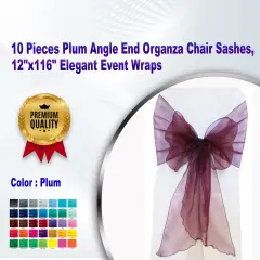 10 Pieces Plum Angle End Organza Chair Sashes, 12"x116" Elegant Event Wraps