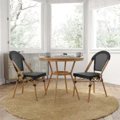 Merrick Lane Celia Bistro Style Table with Glass Top, PE Rattan, 2 Stack Chairs, and Bamboo Finished Metal Frame for Indoor/Outdoor Use Nat&White/LightNat