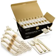 SparkSettings Plastic Silverware, 50 Pre Rolled Napkin and Cutlery Set Gold