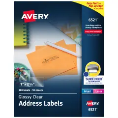 Avery Printable Address Labels with Sure Feed, 1" x 2-5/8", Glossy Clear, 300 Blank Mailing Labels for Laser and Inkjet Printers (6521)