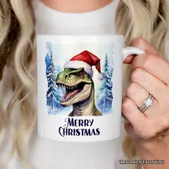 Dinosaur with Santa Hat Mug, Winter Forest Christmas Gift