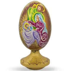 Holy Family Overlooking Newborn Jesus Wooden Figurine 4.75 Inches