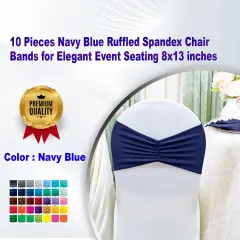 10 Pieces Navy Blue Ruffled Spandex Chair Bands for Elegant Event Seating 8x13 inches