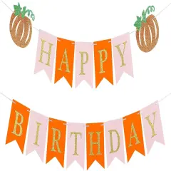 Pink Gold Happy Birthday Pumpkin Banner for Fall Party Decorations