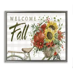 Welcome Fall Autumnal Flower Assortment Bicycle Basket Floating Frame Canvas Art Gray