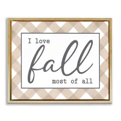 Love Fall Most Of All Autumn Calligraphy Plaid Sign Floating Frame Canvas Art Gold