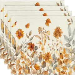 Set of 4 Fall Floral Grass Placemats - 12x18 Inch (Beige)