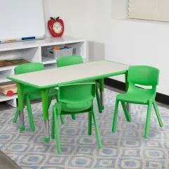 Emma and Oliver 23.625"W x 47.25"L Rectangular Plastic Height Adjustable Activity Table Set with 4 Chairs Green