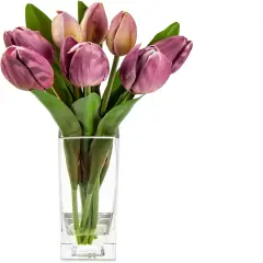 Fake Flowers Artificial Tulip Flower Purple in Clear Vase, Real Touch EVA Tulip Arrangement Suitable for Home Office Fall Decoration, Dining Table Centerpiece