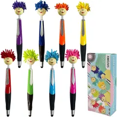 8pcs Mop Head Ballpoint Pens, Funny Mophea Topper Pen with Plush Hair Writing Click Pen Portable Cute Cartoon Multi-function Signing Pen Decor Gift for Office Home Kids and Adultes 8-color outfit