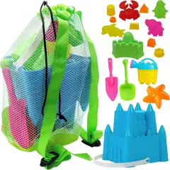 4E's Novelty Kids Beach Toys - 17 Pcs Sand Set w/ Beach Bucket, Shovels, Sand Molds & Mesh Bag