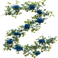 5.91FT Artificial Eucalyptus Greenery with Flowers, Fake Rose Gypsophila for Wedding Spring Home Party Decor (Blue, 1)