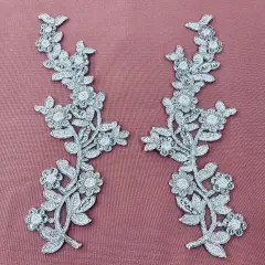 1 Pair Beaded & Corded Floral Lace Applique Embroidered on 100% Polyester Mesh 10" x 3" Each Side Silver