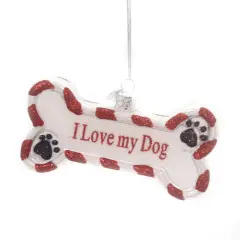 Noble Gems 2.0 Inch I Love My Dog Ornament Tree Ornament , Bone Paw Prints Puppy Red